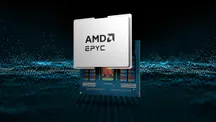 Procesador AMD EPYC montado sobre una placa base, con fondo azul de puntos luminosos