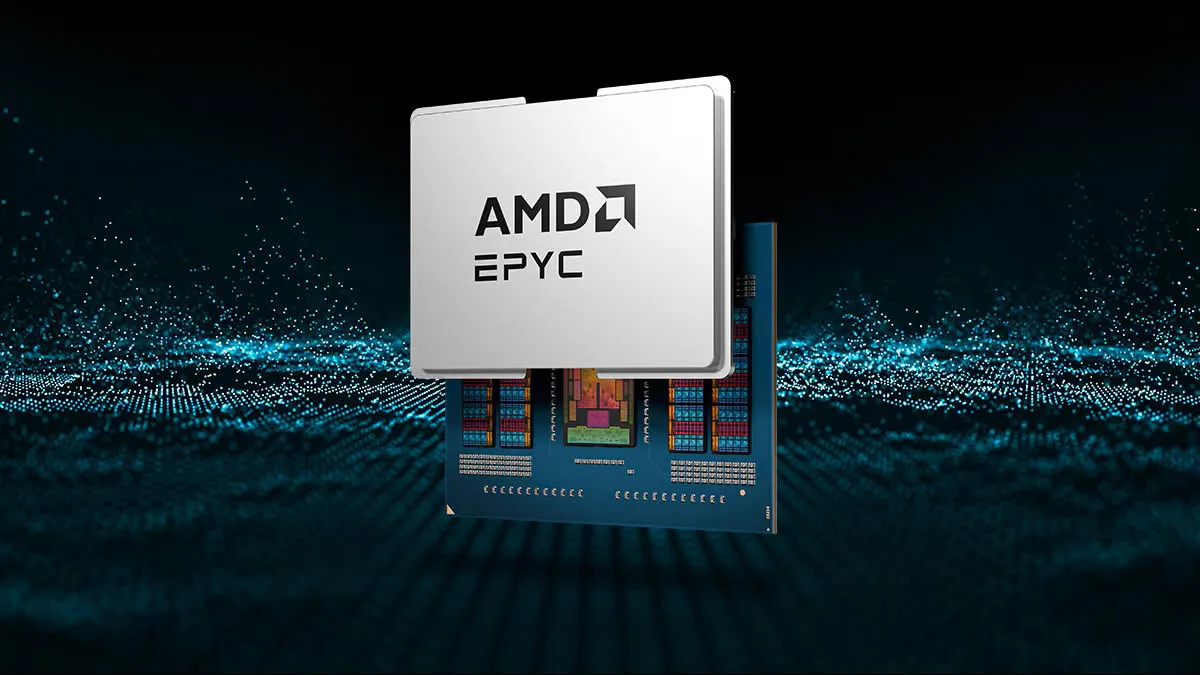AMD EPYC processor mounted on a motherboard against a blue background of glowing dots