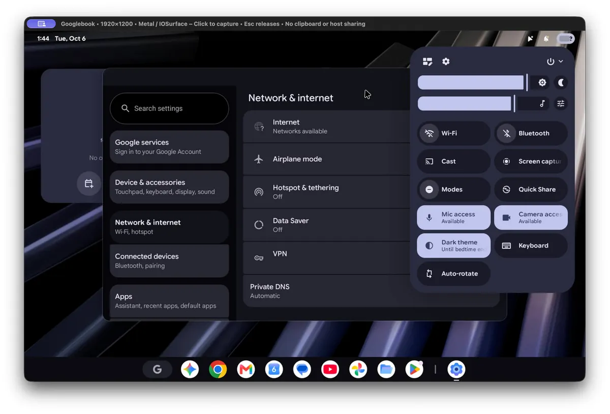 Panel de ajustes de Googlebook OS ejecutándose dentro de una ventana en un Mac