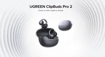 Ugreen ClipBuds Pro 2 open-ear earbuds next to their charging case over a background of concentric sound waves