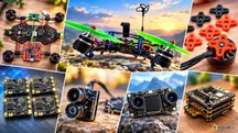 Collage of FPV components with orange motors, a dual-lens camera and flight boards on a light background
