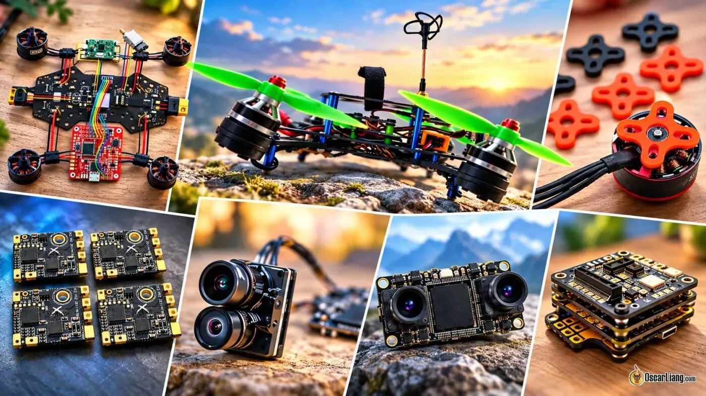Collage of FPV components with orange motors, a dual-lens camera and flight boards on a light background