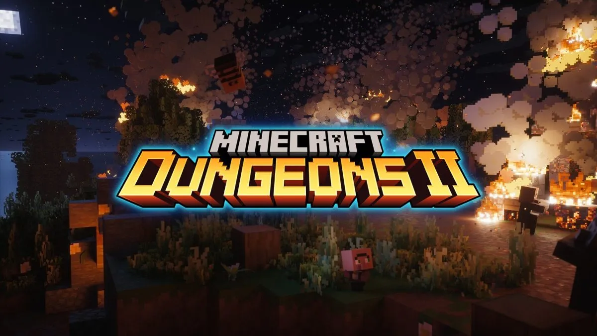Ilustración oficial de Minecraft Dungeons II con los héroes del juego