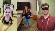Tres escenas de Hologram: una videollamada en el móvil, un avatar de cuerpo entero en una oficina y un usuario con gafas inteligentes oscuras