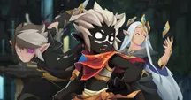 Tres personajes de Fallen Tear: The Ascension en pose de combate con magia y gemas doradas