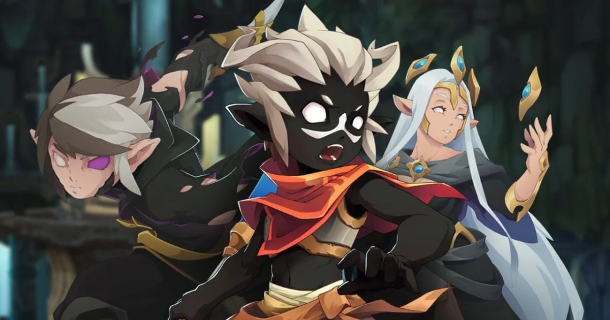 Tres personajes de Fallen Tear: The Ascension en pose de combate con magia y gemas doradas