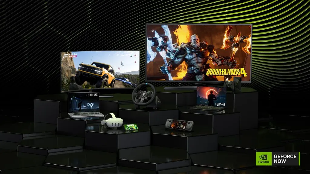 Imagen promocional de GeForce NOW con el logotipo del servicio sobre fondo oscuro