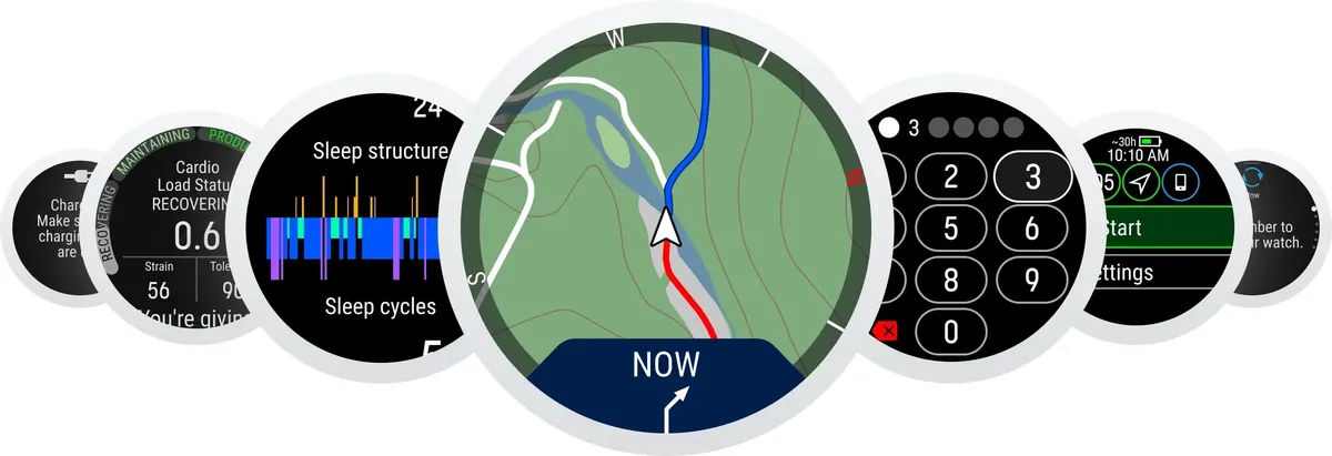 Composition of Polar watch faces and screens showing maps, sleep structure and training metrics