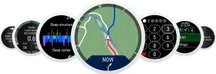 Composition of Polar watch faces and screens showing maps, sleep structure and training metrics