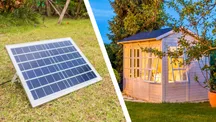 Imagen dividida de un panel solar portátil en un jardín y una caseta iluminada al atardecer