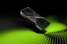 Tarjeta gráfica NVIDIA GeForce RTX 5090 Founders Edition sobre un fondo verde de ondas