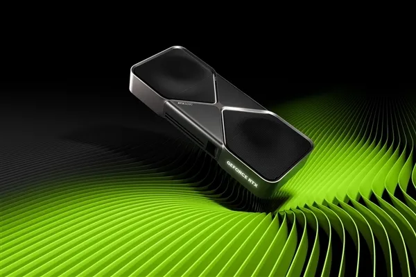 Tarjeta gráfica NVIDIA GeForce RTX 5090 Founders Edition sobre un fondo verde de ondas