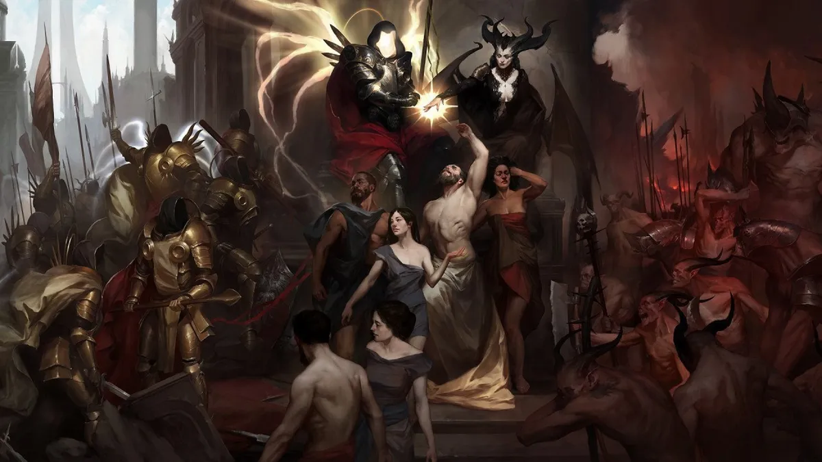 Pintura de Diablo 4 al estilo de los antiguos maestros con héroes en combate