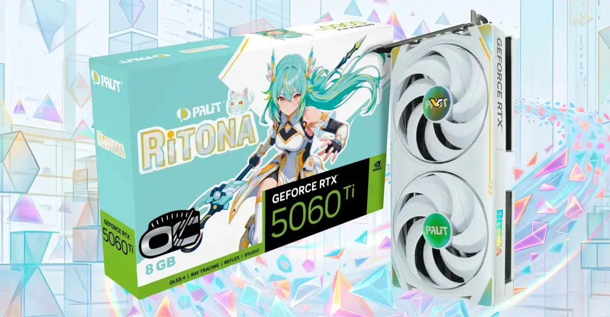 Tarjeta gráfica Palit GeForce RTX 5060 Ti RiTONA con backplate metálico a todo color de la mascota anime