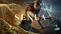 Promotional art of Senua wielding a sword and an axe against a golden background