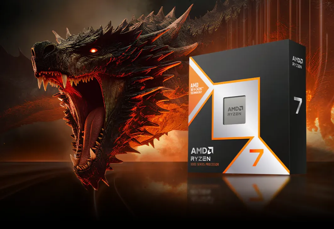 Caja del procesador AMD Ryzen 7 de la serie 9000 junto a la ilustración de un dragón