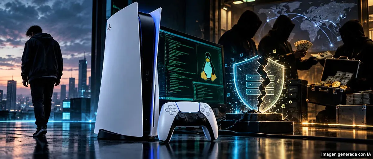 Ilustración generada con IA de una PS5 con Linux, un investigador alejándose y siluetas manejando dinero