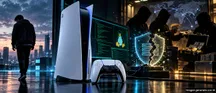 Ilustración generada con IA de una PS5 con Linux, un investigador alejándose y siluetas manejando dinero