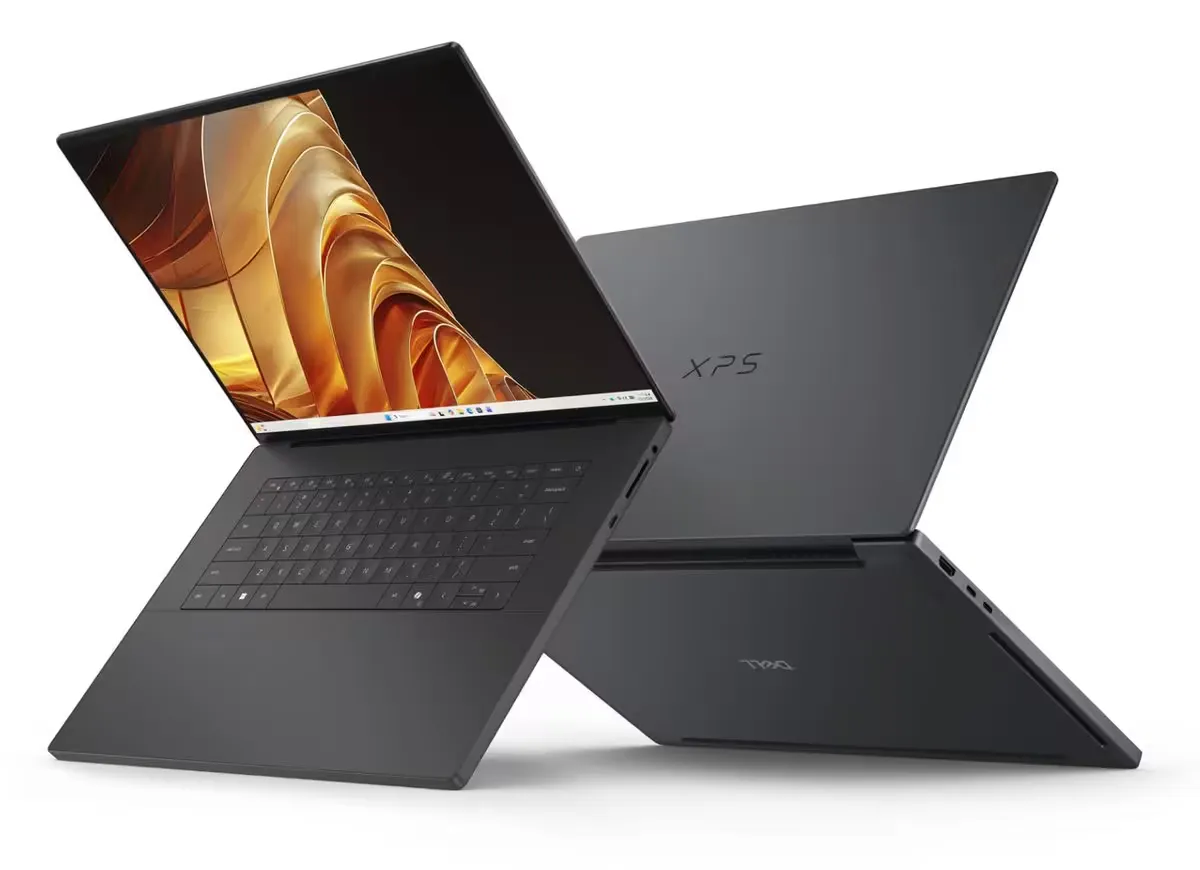 Dos vistas del Dell XPS 16 Creator Edition, abierto y cerrado, sobre fondo blanco
