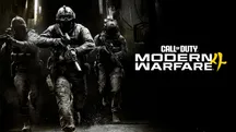 Three Call of Duty: Modern Warfare 4 soldiers advance down a dim street next to the game logo