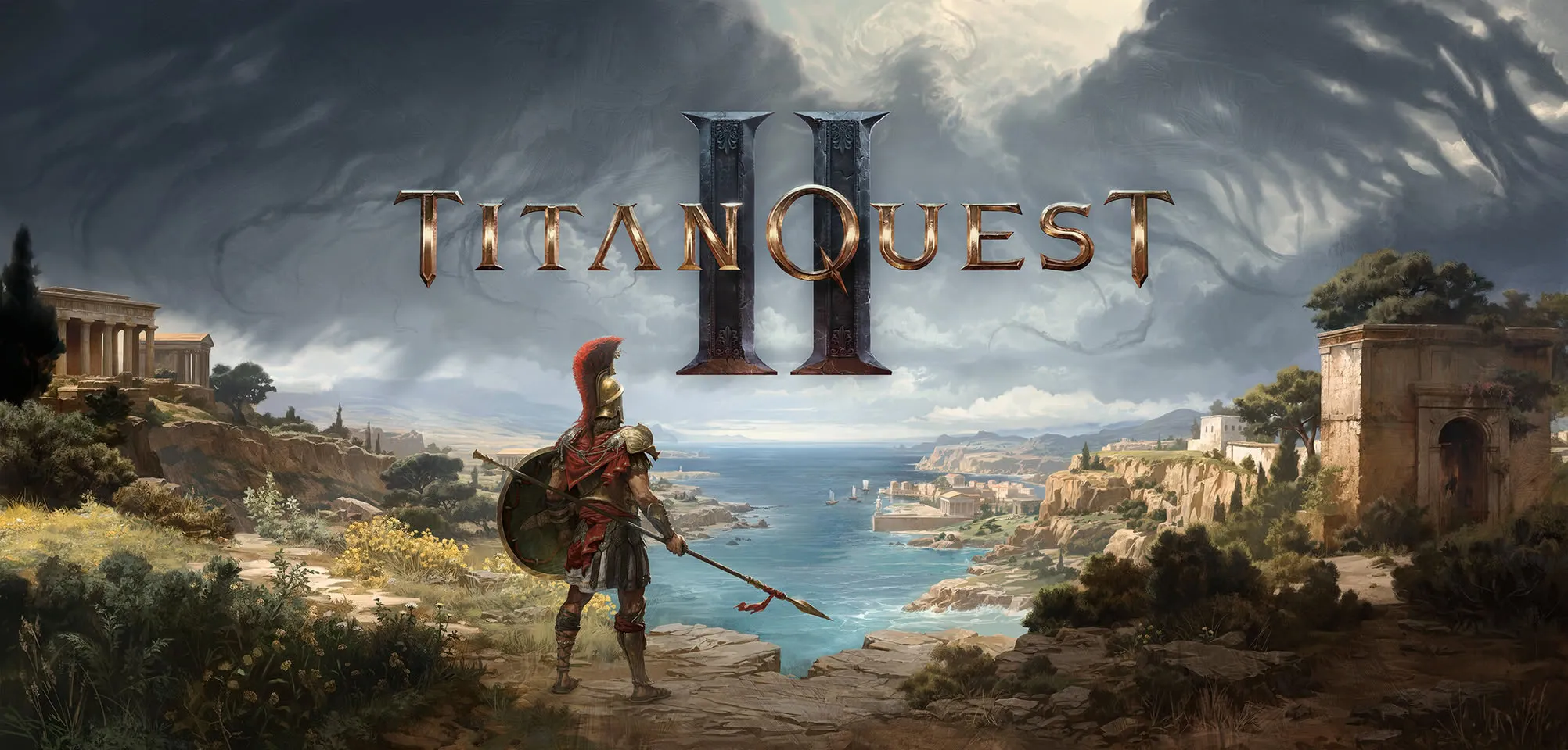 Arte de Titan Quest II con un hoplita griego contemplando la costa mediterránea bajo el logotipo del juego
