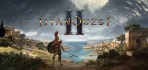 Arte de Titan Quest II con un hoplita griego contemplando la costa mediterránea bajo el logotipo del juego