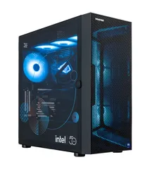 Torre de FRONTIER de perfil con panel de cristal, iluminación ARGB azul y el logotipo conmemorativo «Intel 50» en la base