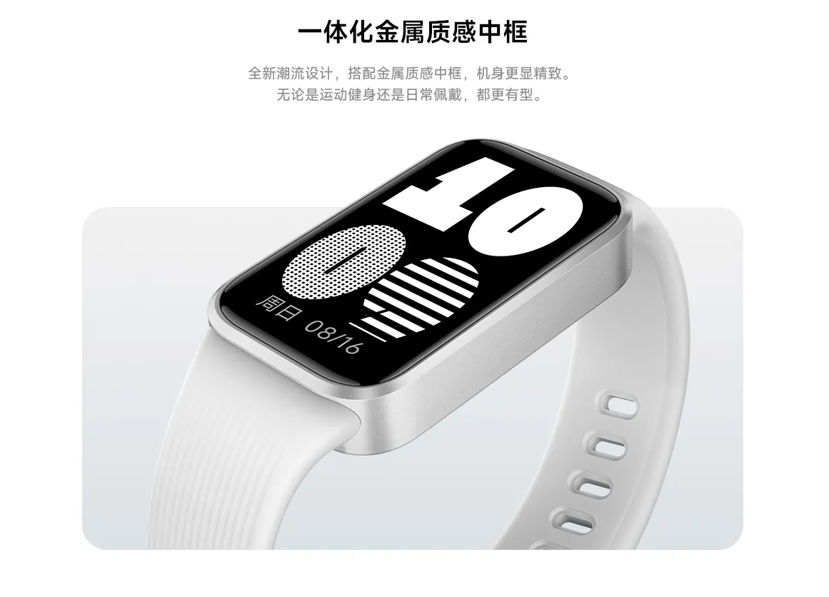 REDMI Band 4 con marco plateado, correa blanca estriada y esfera digital en blanco y negro