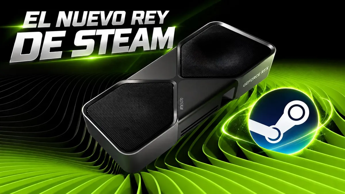 Montaje con una GeForce RTX 5070, el logotipo de Steam y el rótulo «El nuevo rey de Steam»