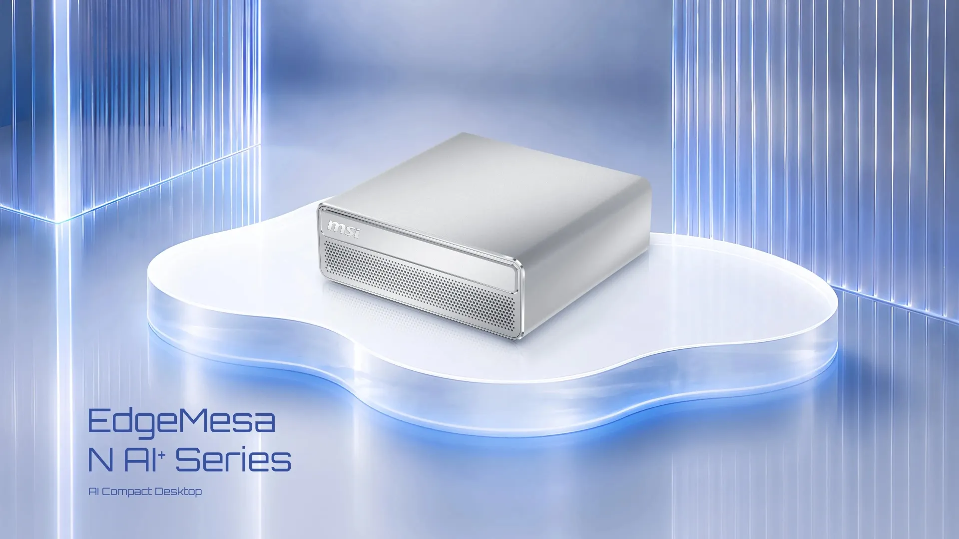 Mini PC MSI EdgeMesa N AI+ sobre una plataforma iluminada con fondo futurista
