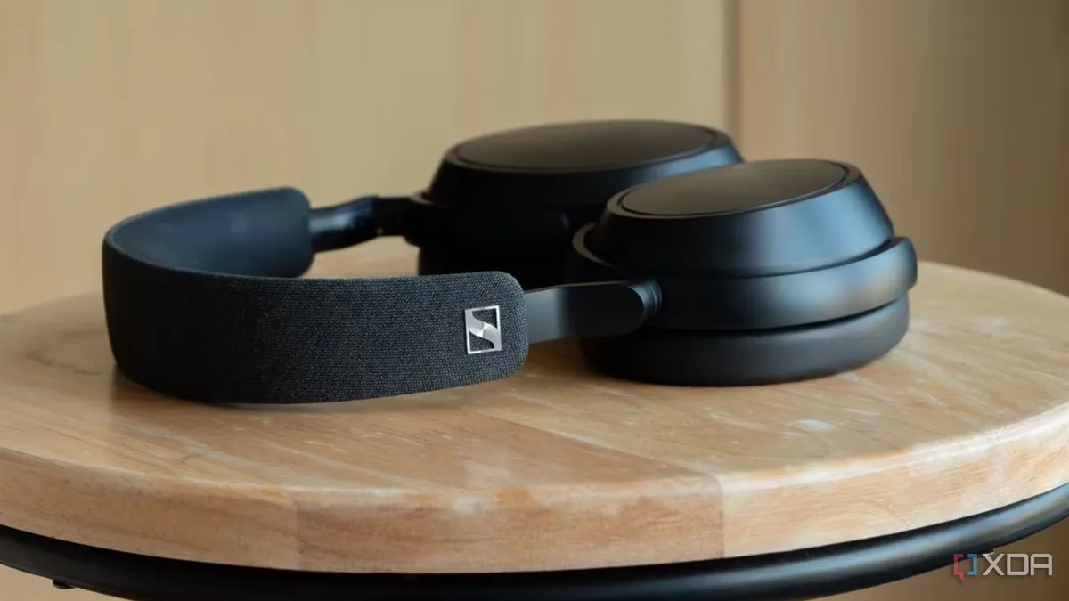 Black Sennheiser Momentum 4 headphones resting on a table