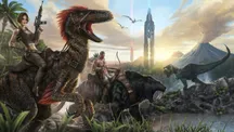 Ilustración de dos jinetes montados sobre dinosaurios con un obelisco y un volcán al fondo, arte de ARK: Ultimate Survivor Edition