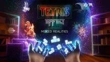 Arte de Tetris Effect: Mixed Realities con dos manos abiertas sosteniendo tetrominós luminosos sobre un salón que se funde con un cielo estrellado