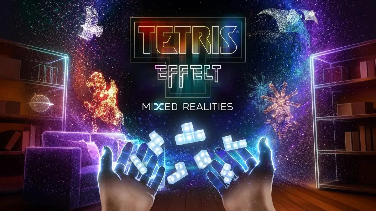 Arte de Tetris Effect: Mixed Realities con dos manos abiertas sosteniendo tetrominós luminosos sobre un salón que se funde con un cielo estrellado