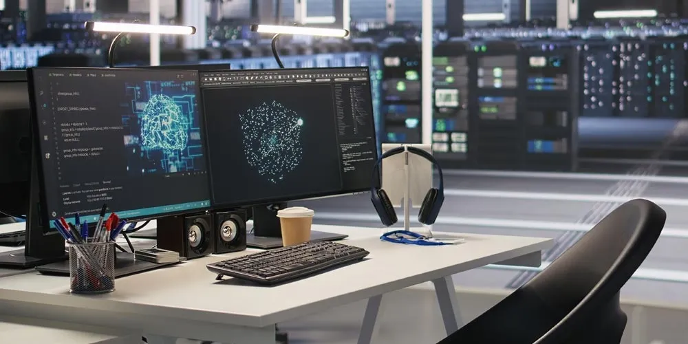 Puesto de trabajo con dos monitores que muestran visualizaciones de redes neuronales frente a una sala de servidores