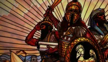 Ilustración clásica de Age of Empires con un hoplita griego con espada y escudo, un escriba con un pergamino y un faraón egipcio