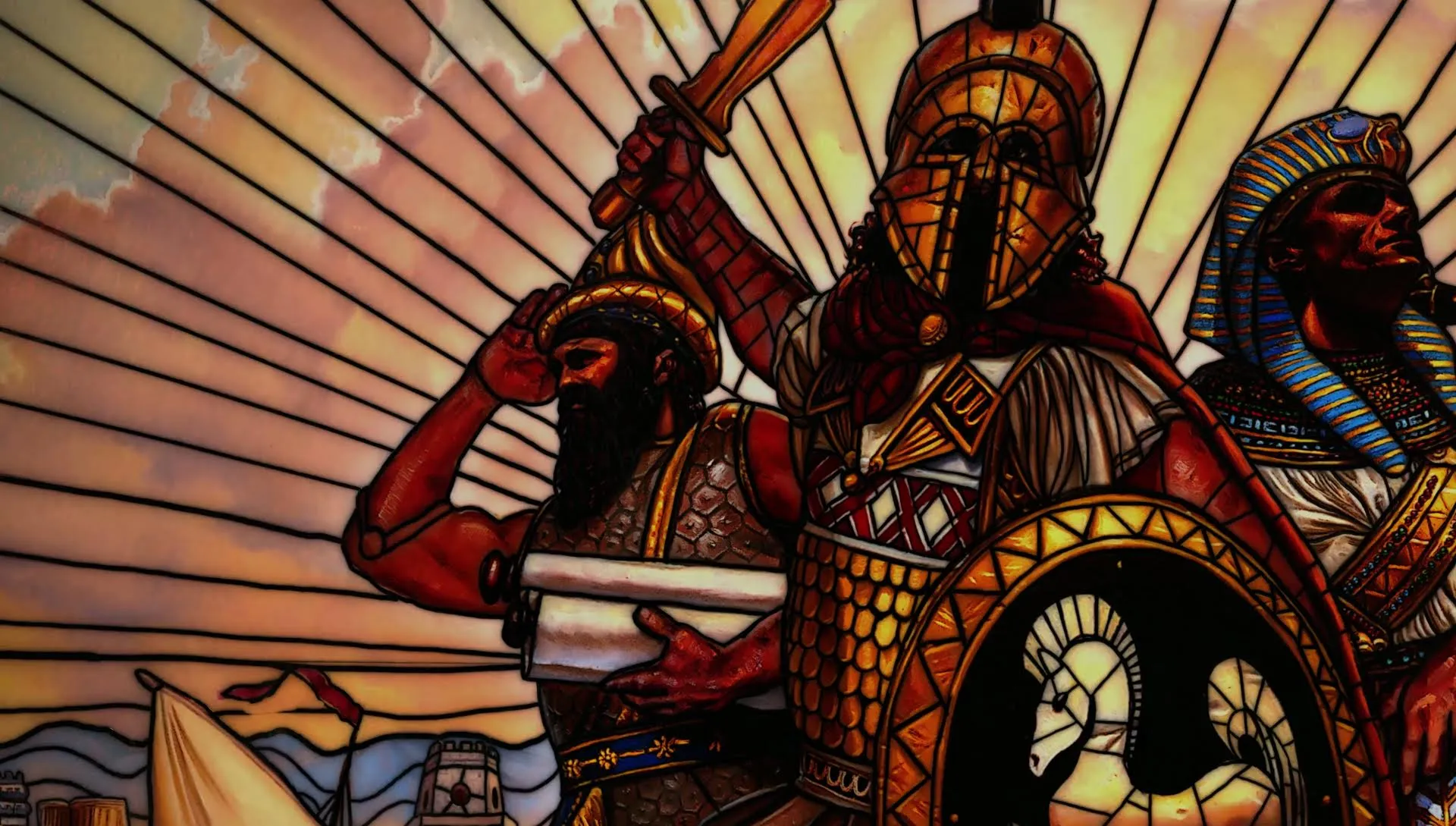 Ilustración clásica de Age of Empires con un hoplita griego con espada y escudo, un escriba con un pergamino y un faraón egipcio
