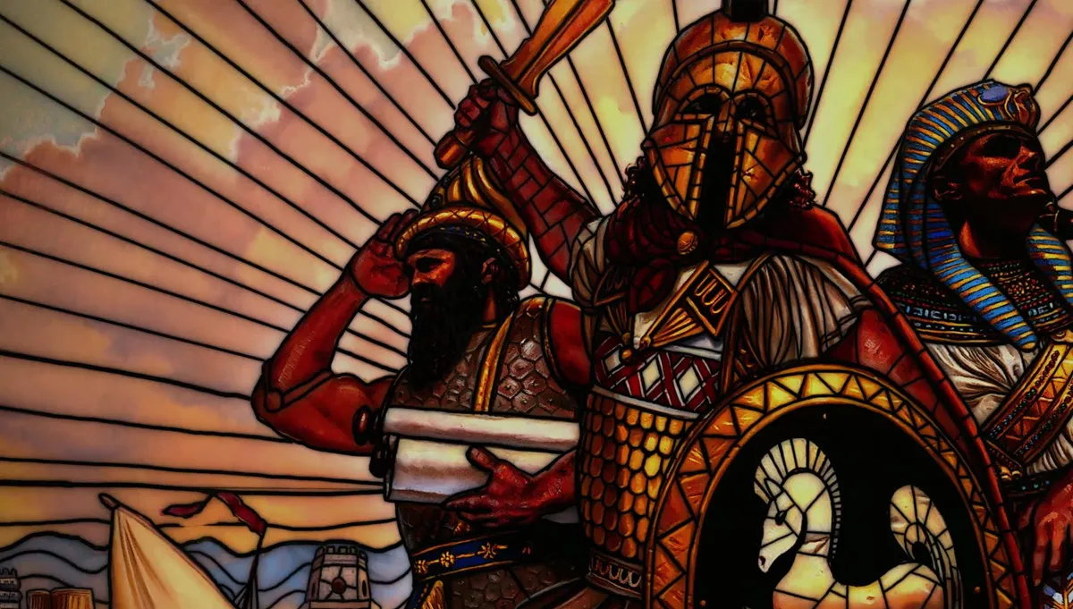 Ilustración clásica de Age of Empires con un hoplita griego con espada y escudo, un escriba con un pergamino y un faraón egipcio