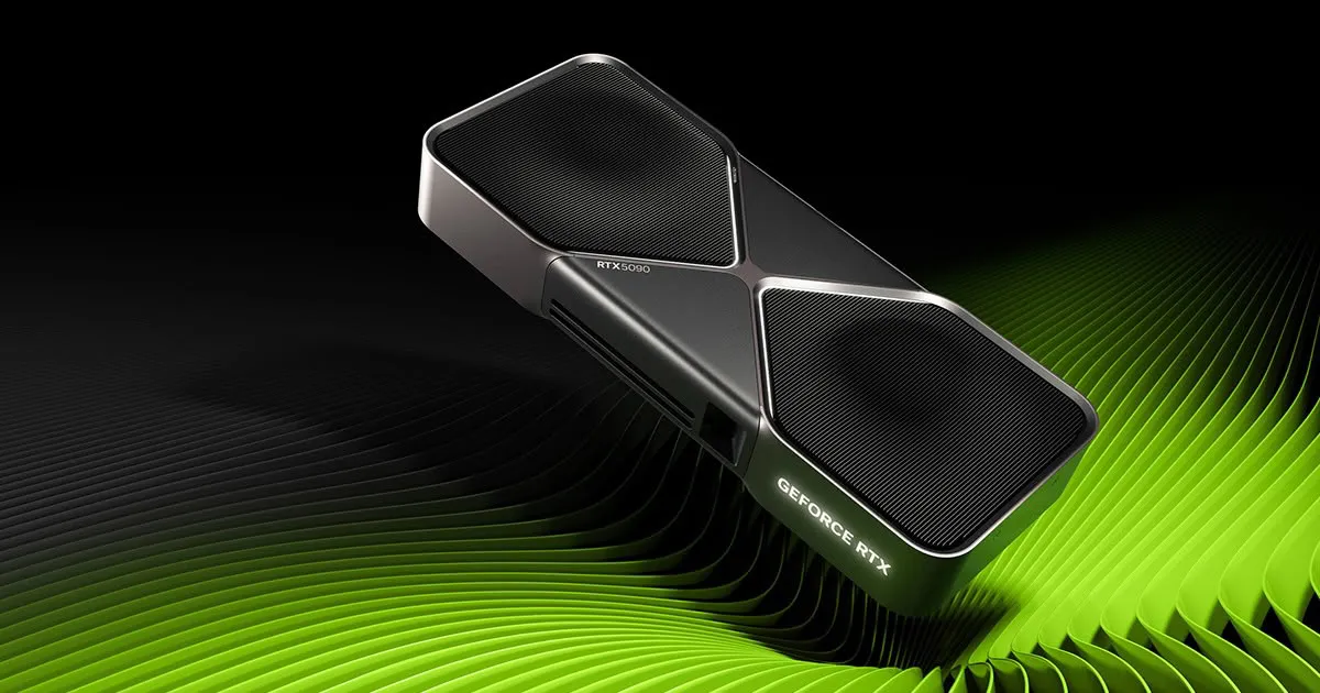 Tarjeta gráfica GeForce RTX 5090 Founders Edition sobre un fondo con franjas verdes