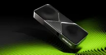 Tarjeta gráfica GeForce RTX 5090 Founders Edition sobre un fondo con franjas verdes