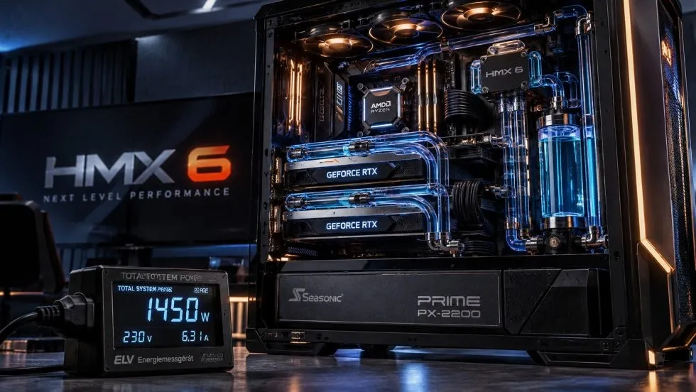 El HMX 6 con dos RTX 5090 junto a un medidor de pared que marca 1.450 W y la fuente Seasonic PRIME PX-2200