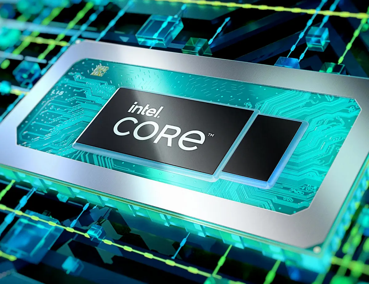 Render de un procesador Intel Core sobre una placa con circuitos iluminados en verde y azul
