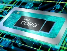 Render de un procesador Intel Core sobre una placa con circuitos iluminados en verde y azul