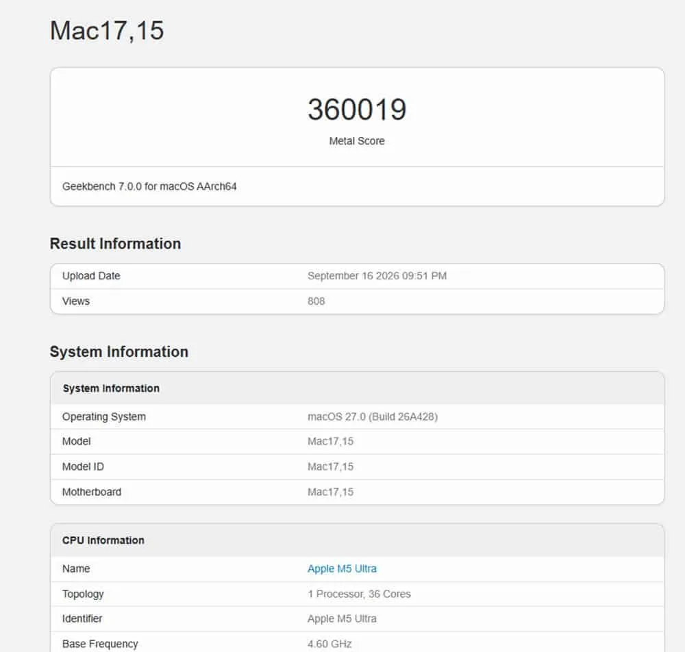 Gráfica de rendimiento de la GPU del Apple M5 Ultra en Geekbench