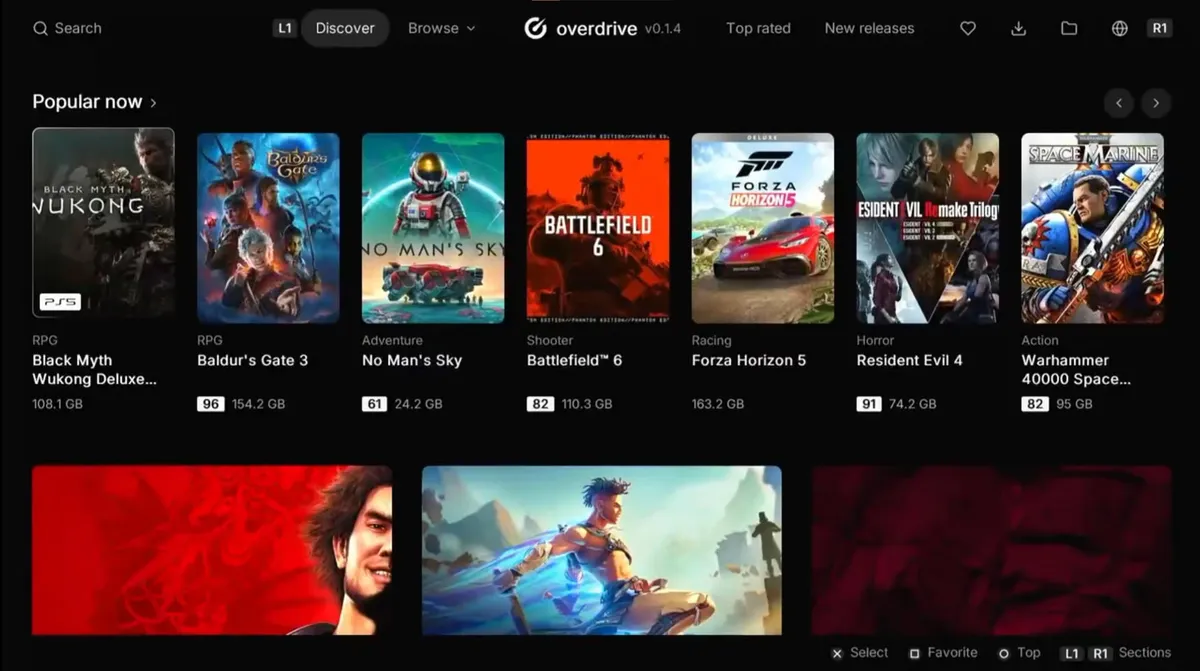 Interfaz de Overdrive en una PS5 con jailbreak mostrando un catálogo de juegos con su tamaño de descarga