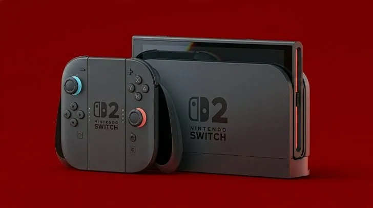 Consola Nintendo Switch 2 y mandos Joy-Con sobre un fondo rojo
