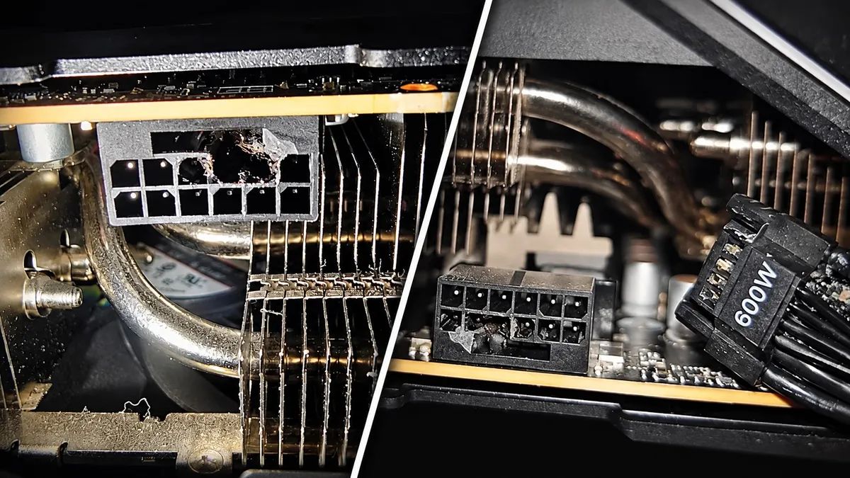 Primer plano de un conector de alimentación de una RTX 5090 dañado, con plástico derretido y un agujero