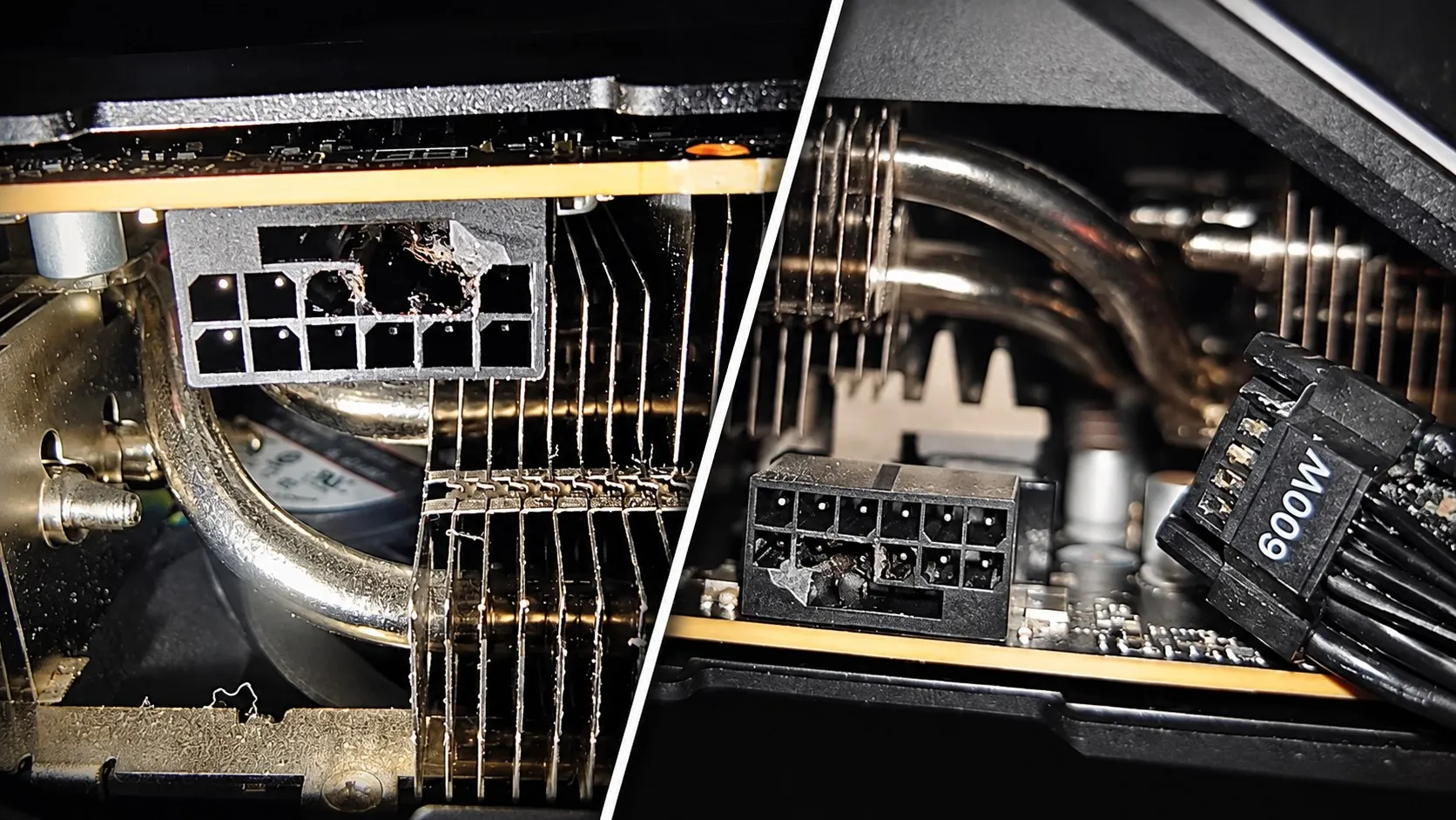 Primer plano de un conector de alimentación de una RTX 5090 dañado, con plástico derretido y un agujero