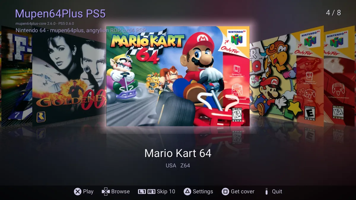 Game shelf of the Mupen64Plus PS5 emulator showing Nintendo 64 box art