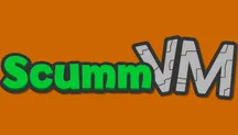 Logotipo de ScummVM en verde y gris sobre fondo naranja